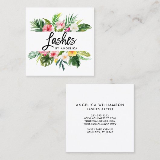 ブラシの原稿の水彩画の熱帯花の鞭 スクエア名刺 (正面/裏面)