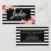 ブラシの原稿はピンクの花のストライプの打ちます 名刺 (正面/裏面)