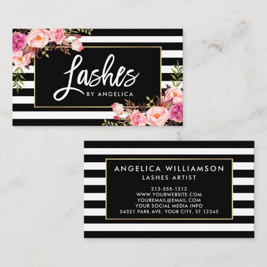 ブラシの原稿はピンクの花のストライプの打ちます 名刺 (正面/裏面)