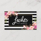 ブラシの原稿はピンクの花のストライプの打ちます 名刺 (正面)