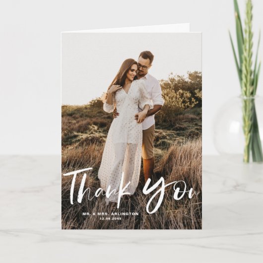 ブラシの手のレタリング垂直結婚写真 サンキューカード (正面)