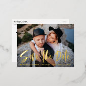 ブラシはっきりしたスクリプトの写真の日付の保存 箔招待状ポストカード (正面/裏面)