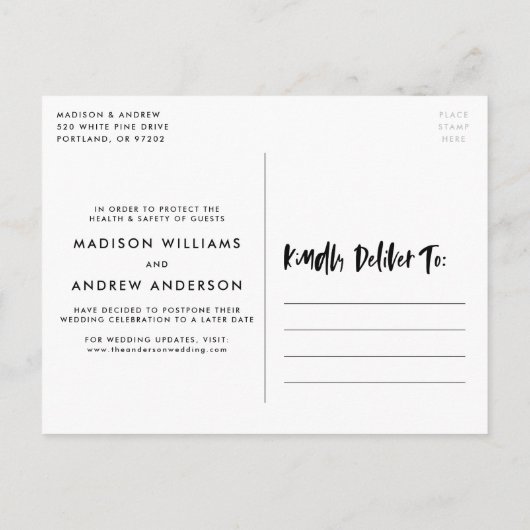 ブラシはっきりしたスクリプト写真結婚の延期 案内ポストカード (裏面)