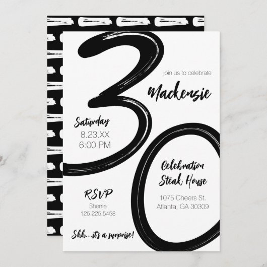 ブラシはっきりしたストローク30thバースデーサプライズパーティー 招待状 (正面/裏面)
