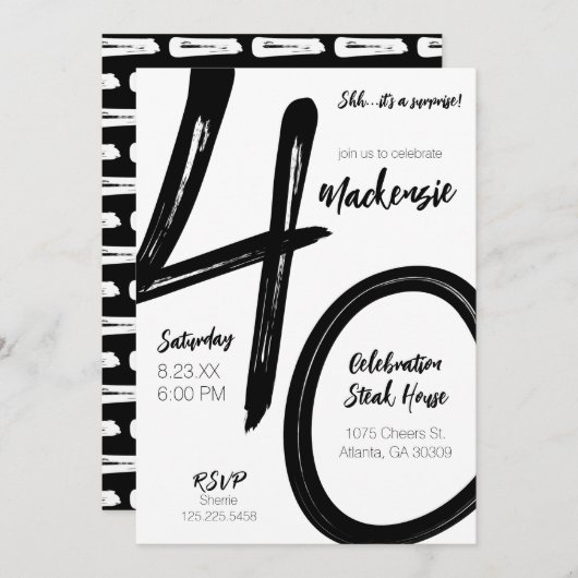 ブラシはっきりしたストローク40thバースデーサプライズパーティー 招待状 (正面/裏面)