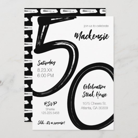 ブラシはっきりしたストローク50誕生日サプライズパーティー 招待状 (正面/裏面)