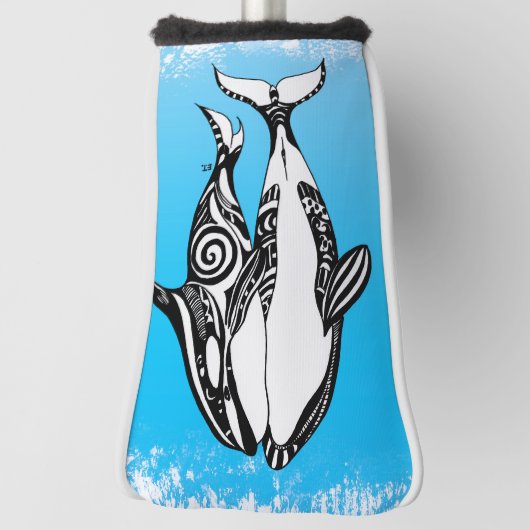 ブラシをかけられる2頭のシャチのクジラの種族の青 ゴルフヘッドカバー (回転90)