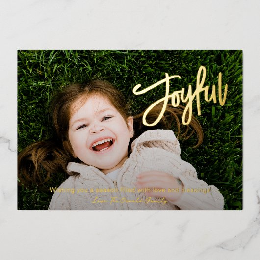 ブラシエレガントスクリプトJoyful Photo モダン Christmas 箔シーズンカード (正面)