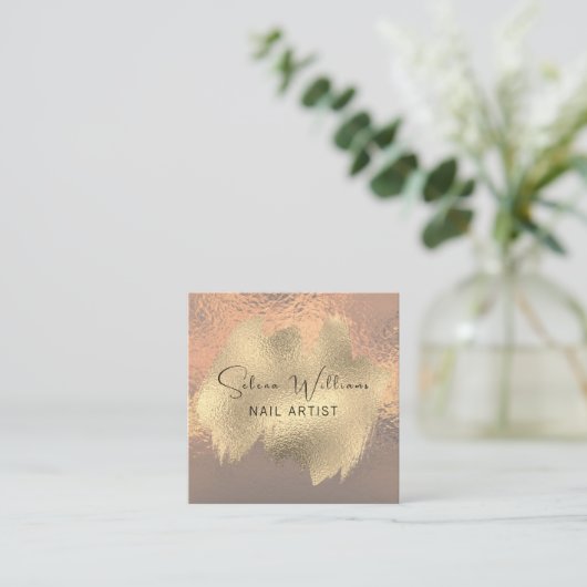 ブラシエレガントストロークバラゴールドフォイルミニマリスト スクエア名刺 (スタンド正面)