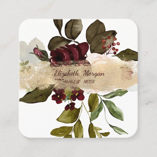 ブラシエレガントストローク、ブルゴーニュの花 スクエア名刺 (正面)