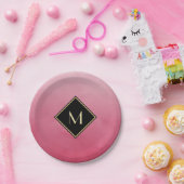 ブラシエレガントド付きピンクシンプル金ゴールドモノグラム ペーパープレート (パーティー)