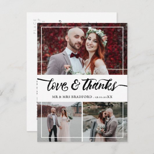 ブラシスクリプトのラブ感謝してい結婚とコラージュ 案内ポストカード (正面/裏面)