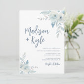 ブラシスクリプトほこりっぽい青いフローラ結婚式招待状 招待状 (スタンド正面)