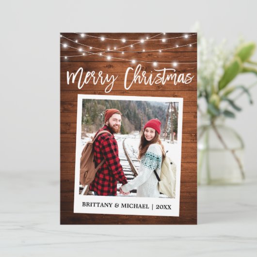 ブラシスクリプトインスタントカメラウッドカップルのクリスマス シーズンカード (スタンド正面)