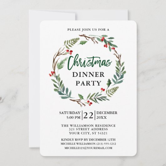 ブラシスクリプトウォーターカラーリースクリスマスパーティー 招待状 (正面)