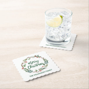 ブラシスクリプトウォーターカラーリースメリークリスマス ペーパーコースター