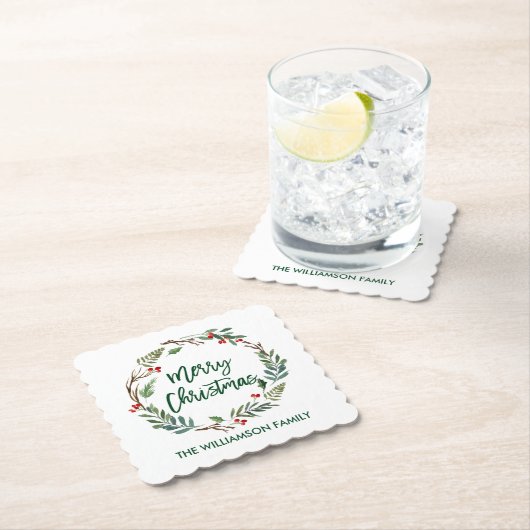 ブラシスクリプトウォーターカラーリースメリークリスマス ペーパーコースター (インサイチュ)
