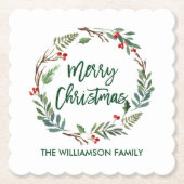 ブラシスクリプトウォーターカラーリースメリークリスマス ペーパーコースター (正面)