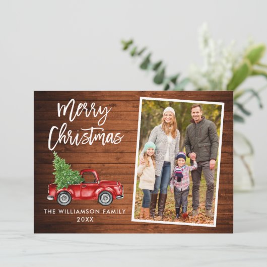 ブラシスクリプトウッドヴィンテージトラックフォトクリスマス シーズンカード (スタンド正面)