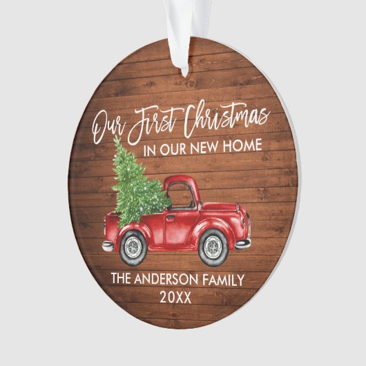 ブラシスクリプトウッド初めてのクリスマス新しいホームトラック オーナメント (正面)