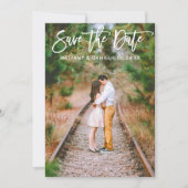 ブラシスクリプトカップルの写真日付カードを保存 セーブザデート (正面)