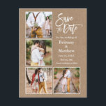 ブラシスクリプトクラフト日付を保存カップル4写真 ポストカード<br><div class="desc">ブラシモダンスクリプト4フォトカップル婚約発表Kraft日付はがきを保存</div>