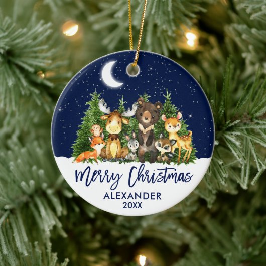 ブラシスクリプトクリスマスウッドランド動物ブルー セラミックオーナメント (ツリー)