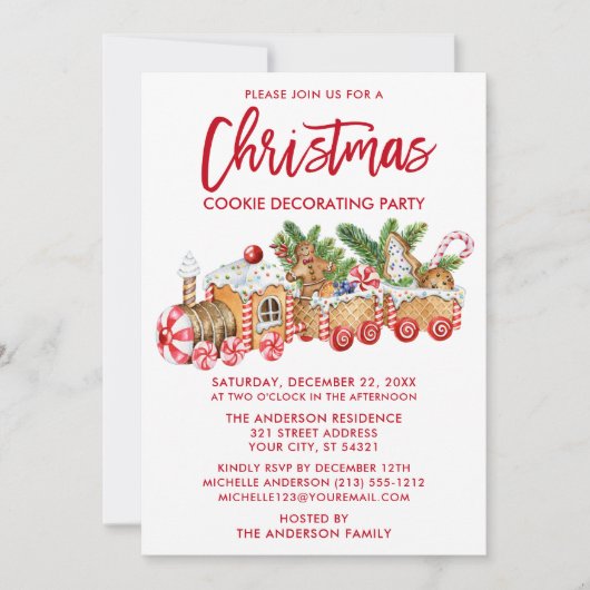 ブラシスクリプトクリスマスクッキー飾のパーティーレッド 招待状 (正面)