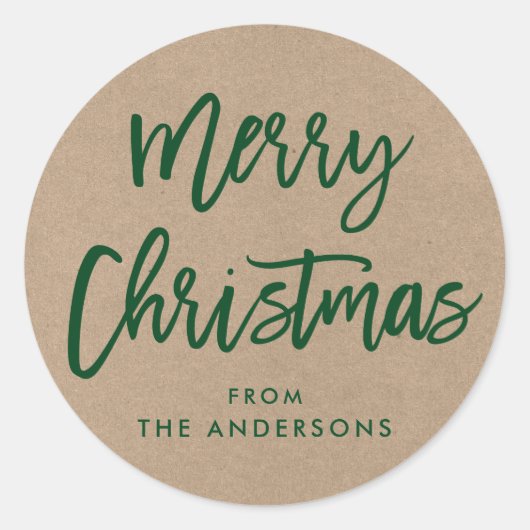 ブラシスクリプトクリスマスクラフトグリーンギフトステッカー ラウンドシール (正面)