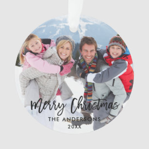 ブラシスクリプトクリスマスファミリーフォトホワイトリボン オーナメント