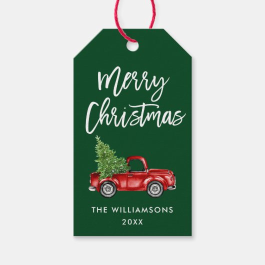 ブラシスクリプトクリスマスヴィンテージトラックグリーン ギフトタグ (正面)