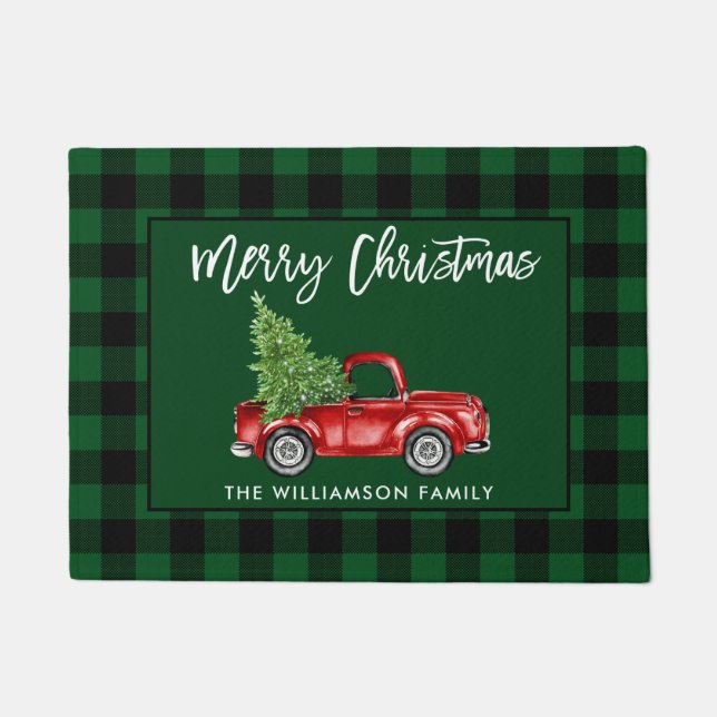 ブラシスクリプトグリーンプレイドクリスマスヴィンテージトラック ドアマット (正面)