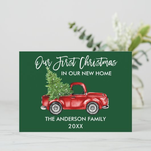 ブラシスクリプトグリーン初めてのクリスマス新規ホームトラック シーズンカード (スタンド正面)