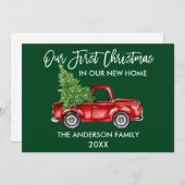 ブラシスクリプトグリーン初めてのクリスマス新規ホームトラック シーズンカード (正面/裏面)