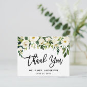ブラシスクリプトグリーン ホワイト フラワー ウェディング サンクス ポストカード (スタンド正面)