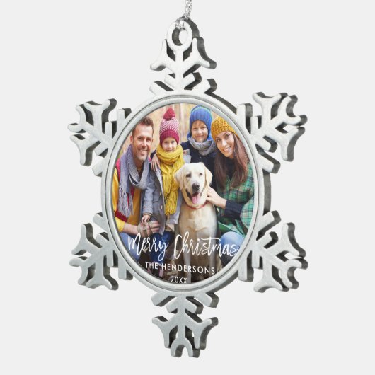 ブラシスクリプトスターファミリーフォトメリークリスマス スノーフレークピューターオーナメント (右)