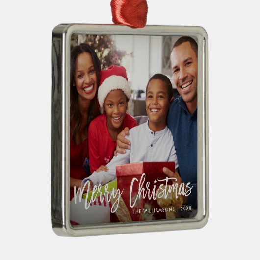 ブラシスクリプトスターメリークリスマスファミリーフォト メタルオーナメント (右)