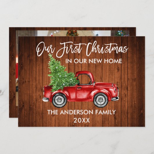 ブラシスクリプトトラックウッド初めてのクリスマスホームフォト シーズンカード (正面/裏面)