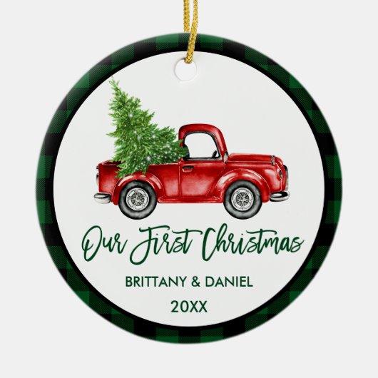 ブラシスクリプトトラック初めてのクリスマスグリーンプレイド セラミックオーナメント (正面)