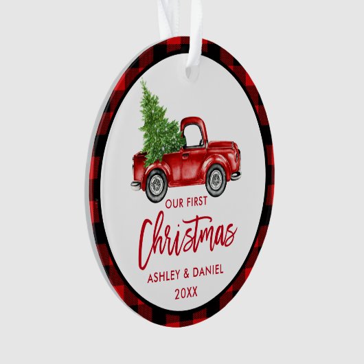 ブラシスクリプトトラック初めてのクリスマスレッドプレイド オーナメント (正面)