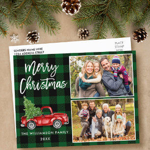 ブラシスクリプトトラック2フォトクリスマスグリーンプレイド ポストカード