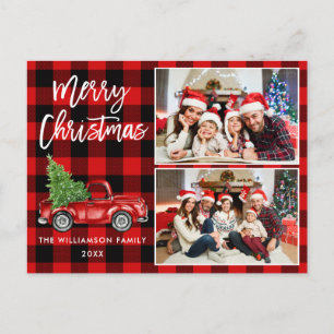 ブラシスクリプトトラック2フォトクリスマスレッドプレイド ポストカード