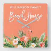 ブラシスクリプトトロピカルサンゴフローラビーチハウス スクエア壁時計 (正面)