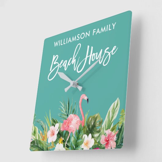 ブラシスクリプトトロピカルフローラファミリービーチハウス スクエア壁時計 (傾斜)