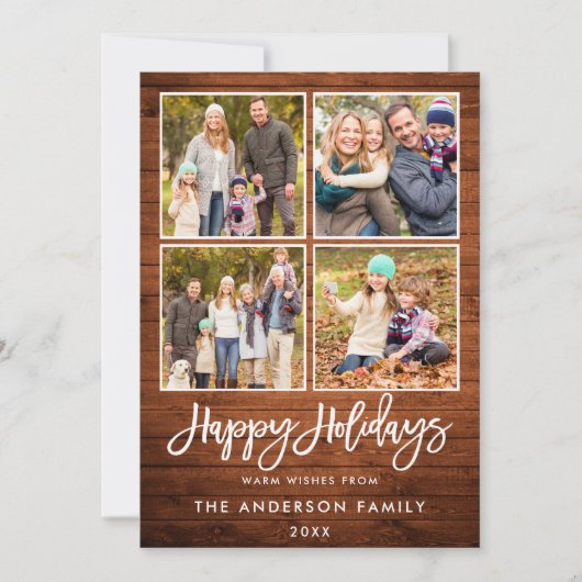 ブラシスクリプトハッピーホリデー素朴ウッド4写真 シーズンカード (正面)