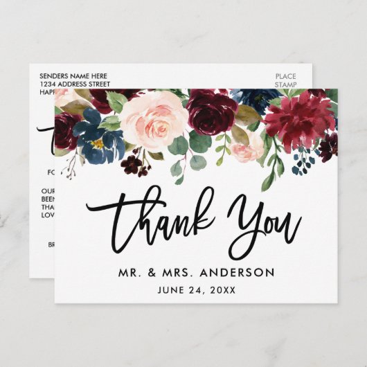 ブラシスクリプトブルゴーニュ結婚ブルーフローラ感謝していズ ポストカード (正面/裏面)