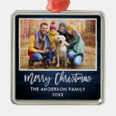 ブラシスクリプトブルーウッドファミリーメリークリスマス メタルオーナメント (正面)