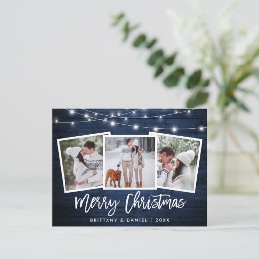 ブラシスクリプトブルーウッドライト3フォトクリスマス ポストカード (スタンド正面)