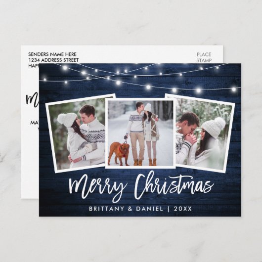 ブラシスクリプトブルーウッドライト3フォトクリスマス ポストカード (正面/裏面)