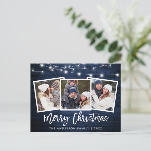 ブラシスクリプトブルーウッドライト3フォトクリスマス ポストカード (スタンド正面)